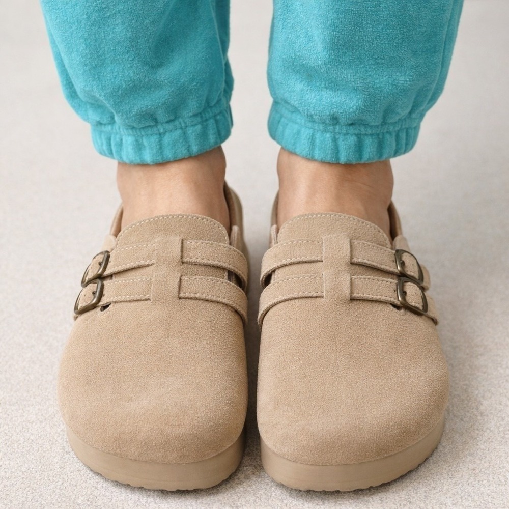 NWT Project Cloud Womens 7.5 Tan Suede Platform Clogs Double Buckle Mules